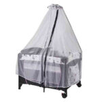 LIT BÉBÉ PLIABLE AVEC MOUSTIQUAIRE ET ROULETTES – GRIS