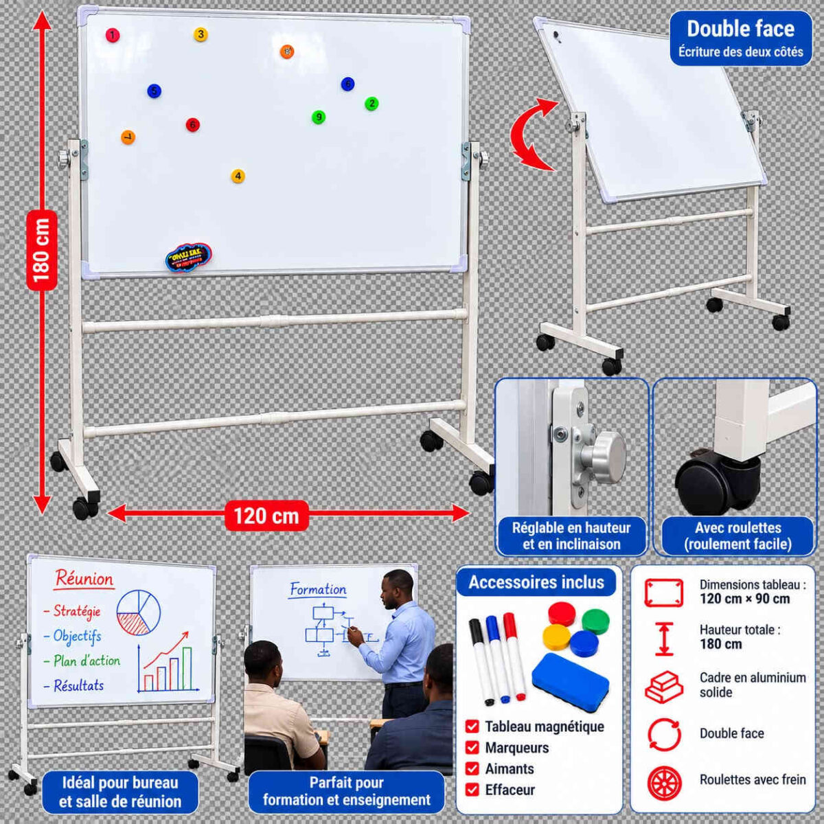 TABLEAU BLANC MAGNÉTIQUE DOUBLE FACE MOBILE – 70 × 100 CM – Image 4